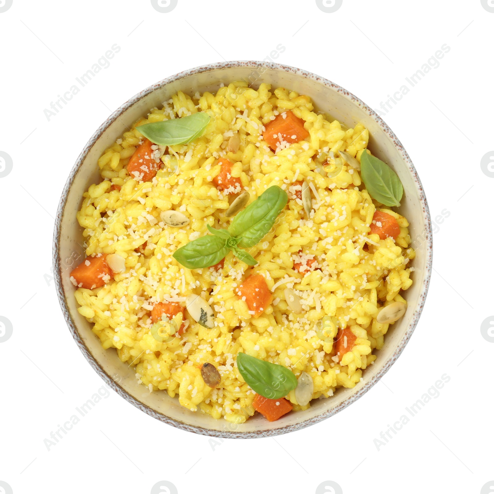 Photo of Delicious pumpkin risotto in bowl isolated on white, top view