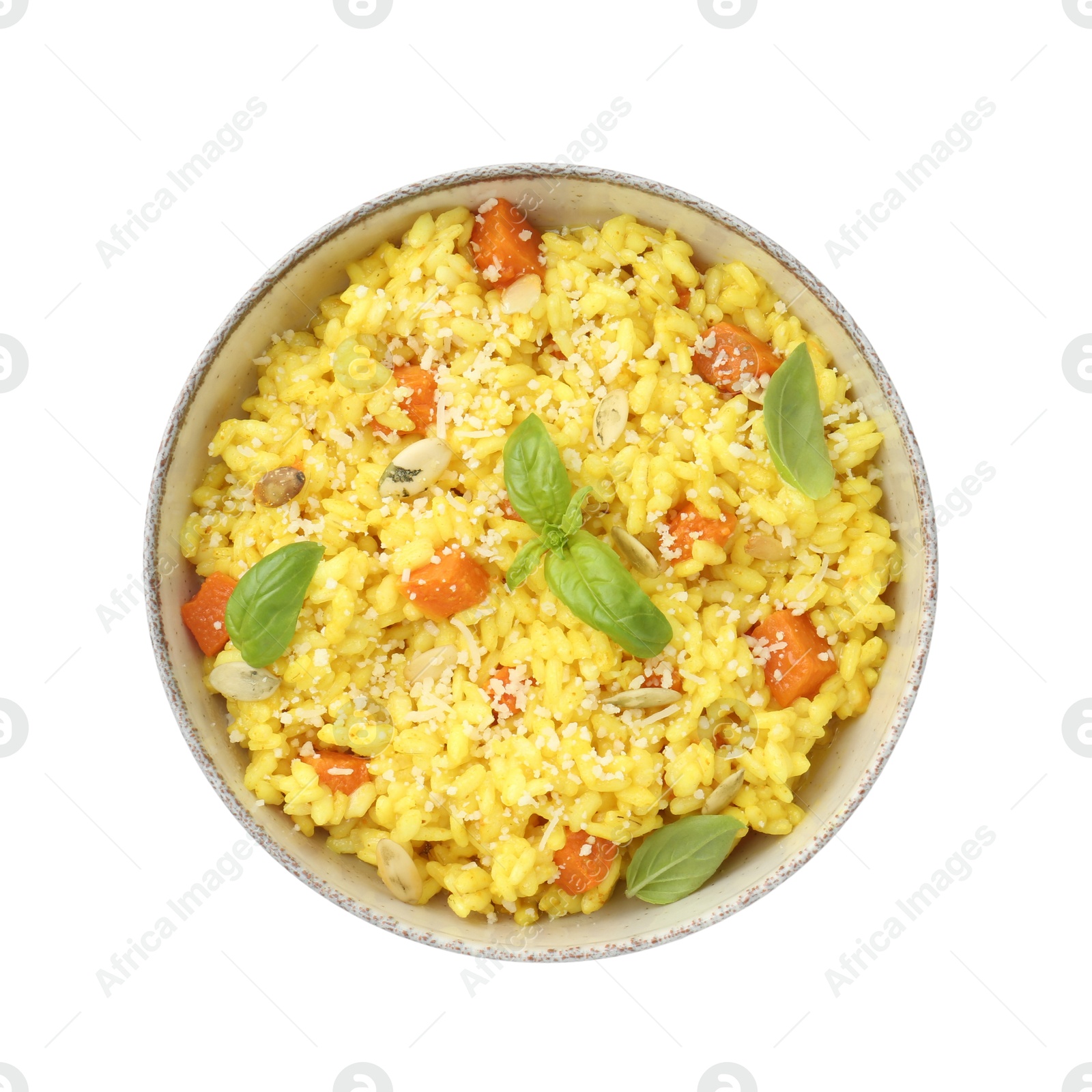 Photo of Delicious pumpkin risotto in bowl isolated on white, top view