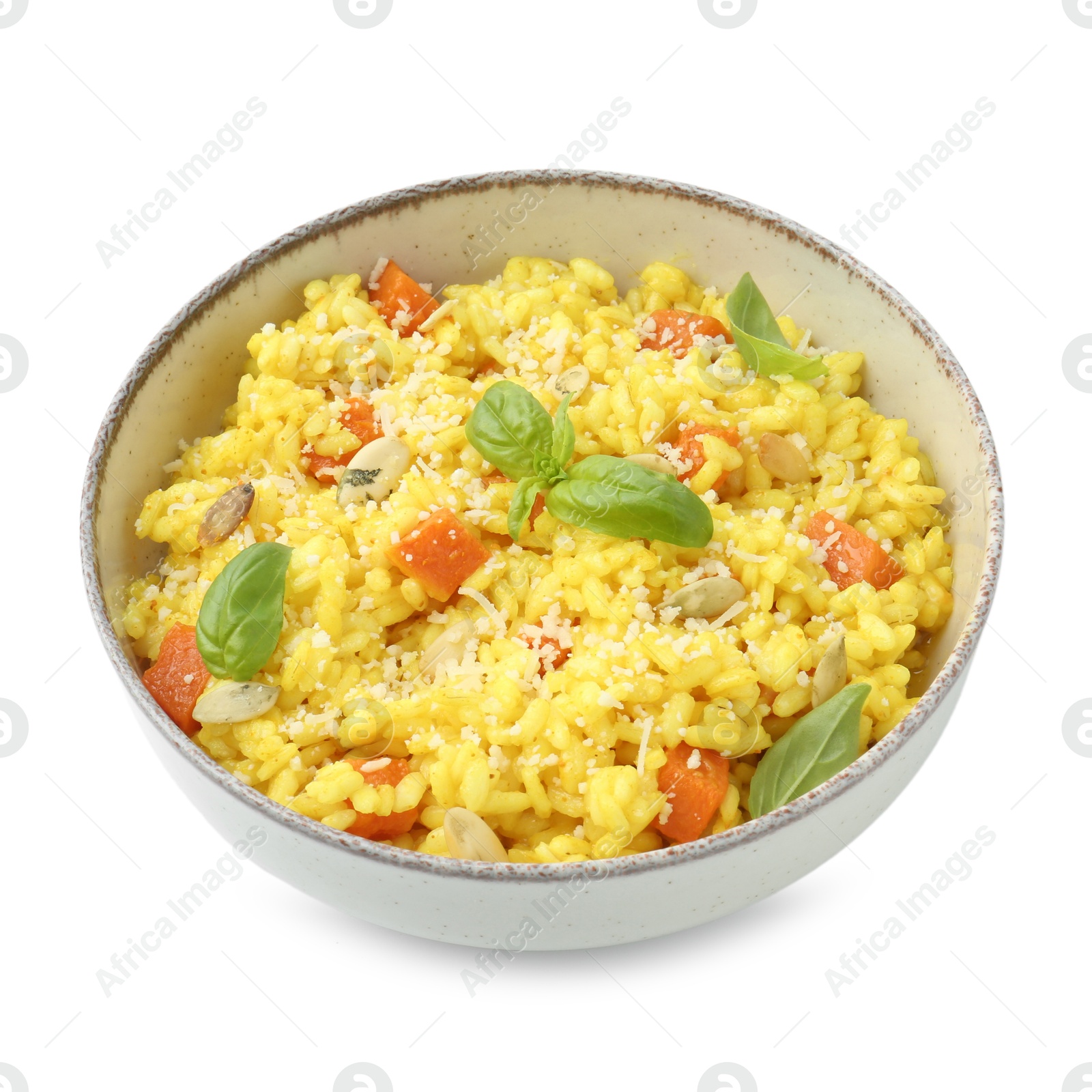 Photo of Delicious pumpkin risotto in bowl isolated on white