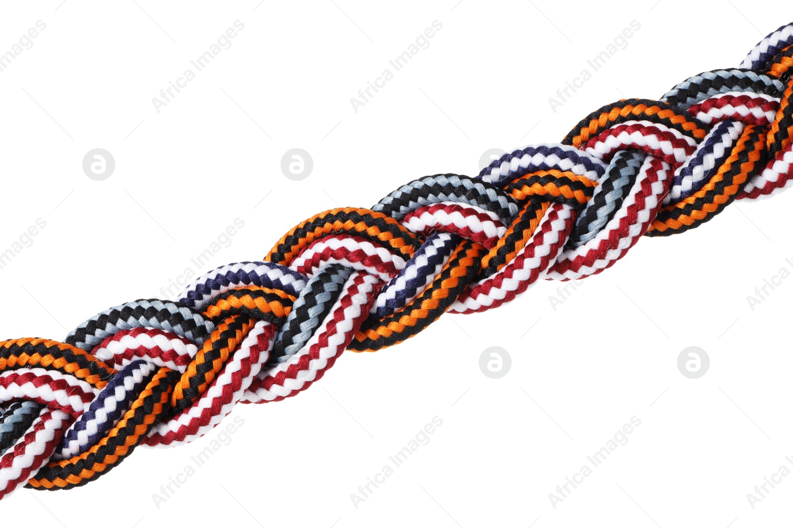 Photo of Colorful ropes tied together isolated on white. Unity concept