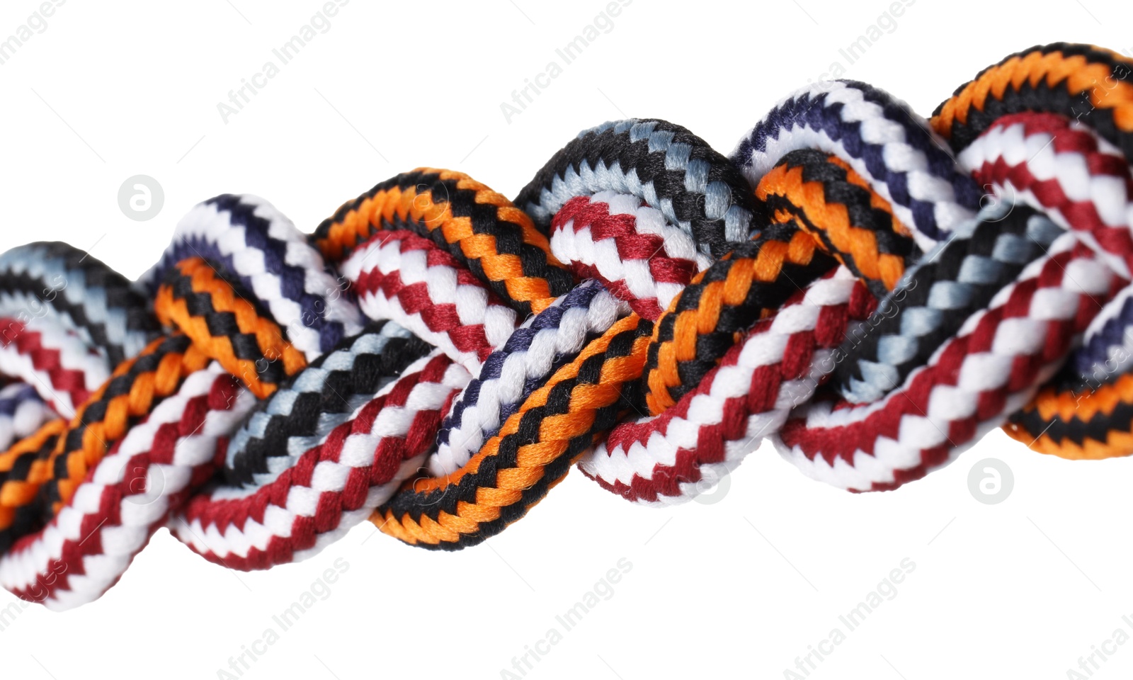 Photo of Colorful ropes tied together isolated on white. Unity concept