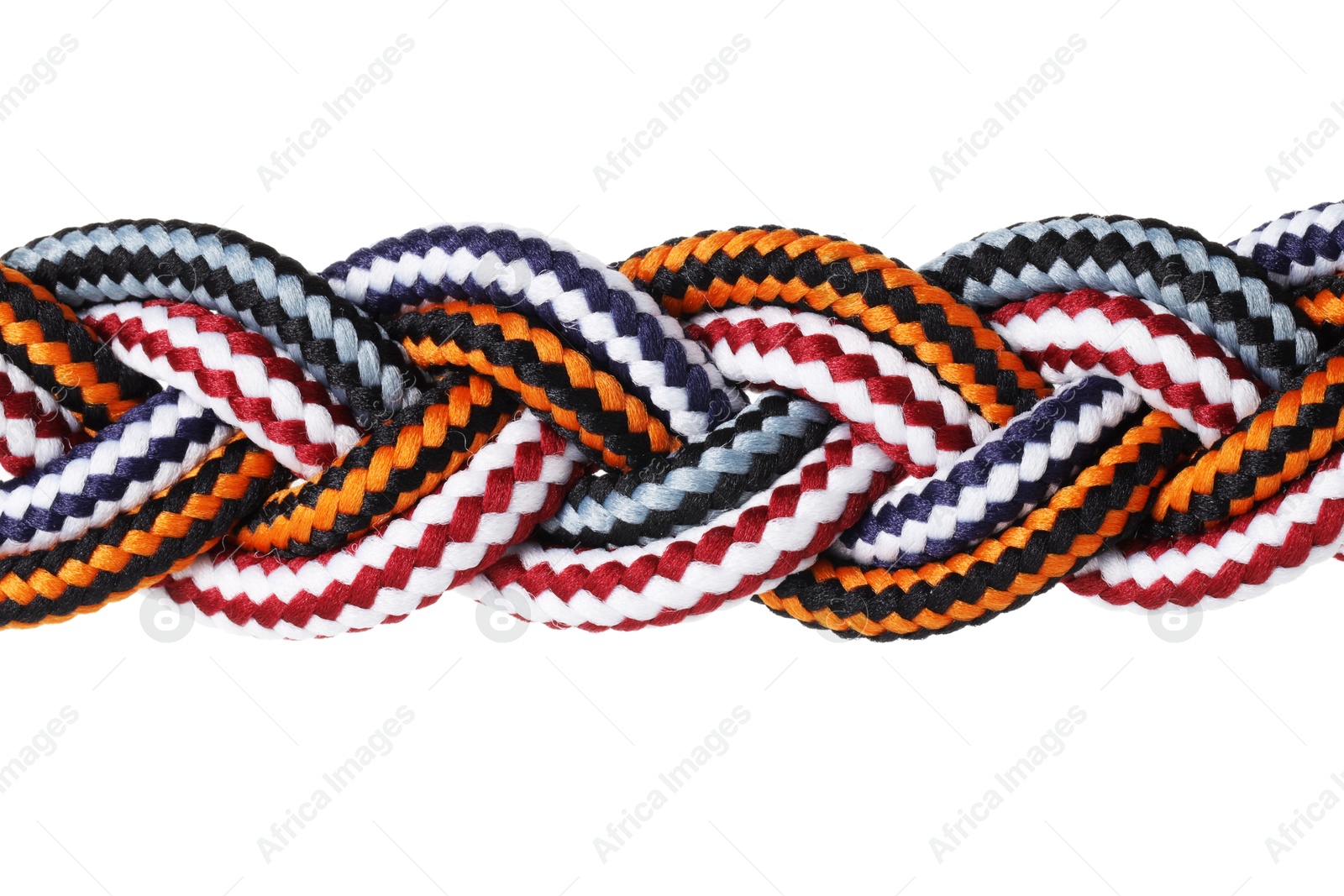 Photo of Colorful ropes tied together isolated on white. Unity concept