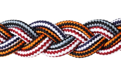 Photo of Colorful ropes tied together isolated on white. Unity concept