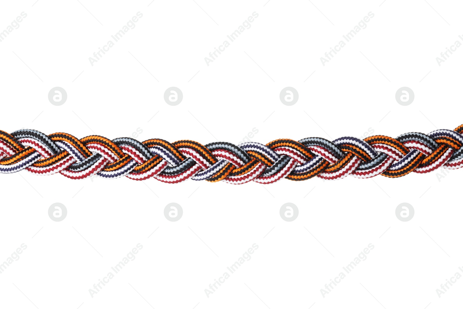 Photo of Colorful ropes tied together isolated on white. Unity concept