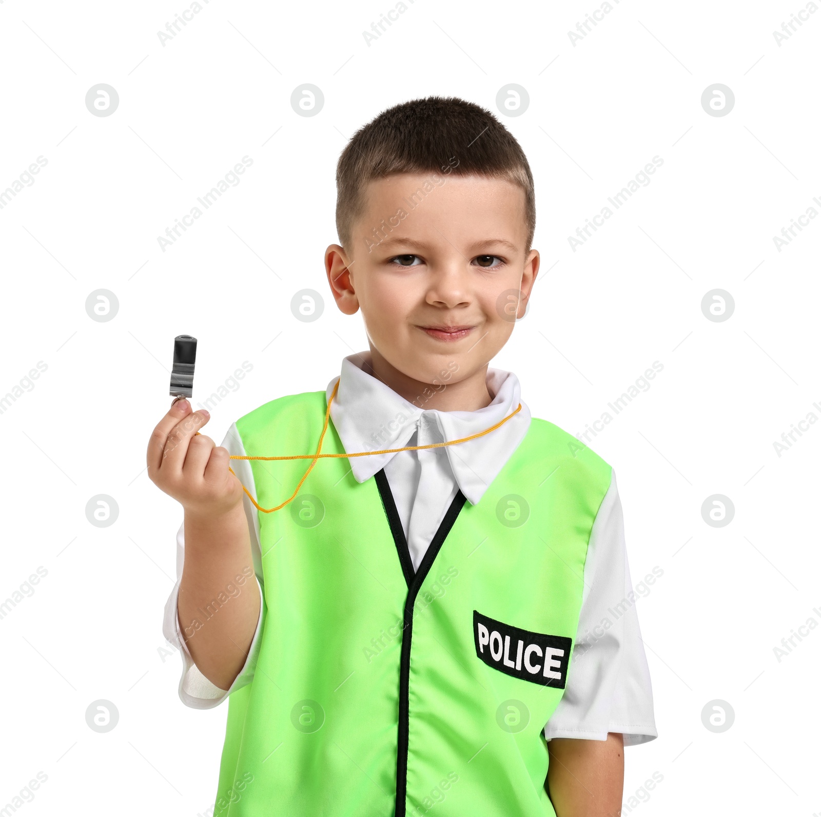 Photo of Little boy with whistle pretending to be policeman on white background. Dreaming of future profession