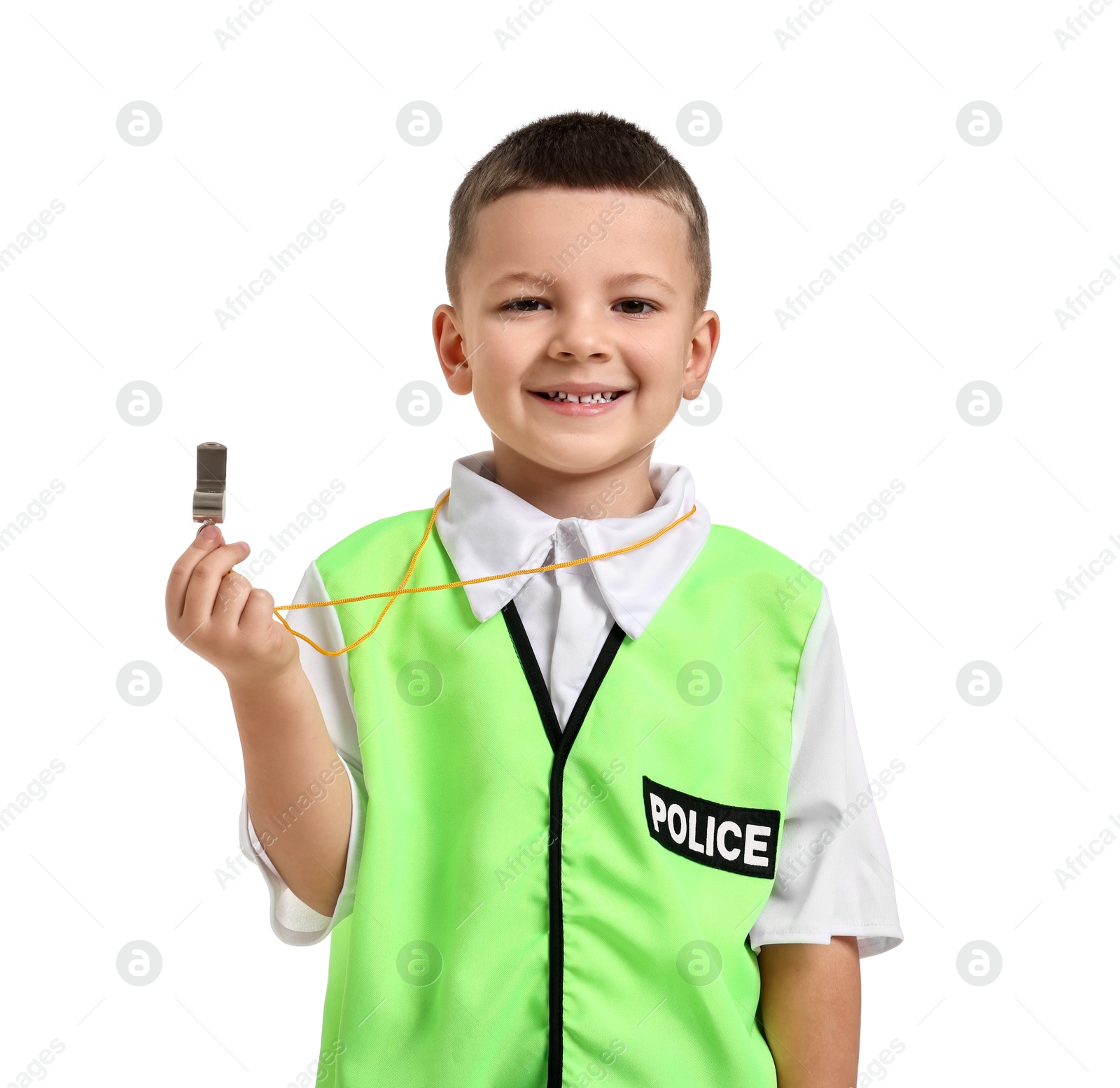 Photo of Little boy with whistle pretending to be policeman on white background. Dreaming of future profession