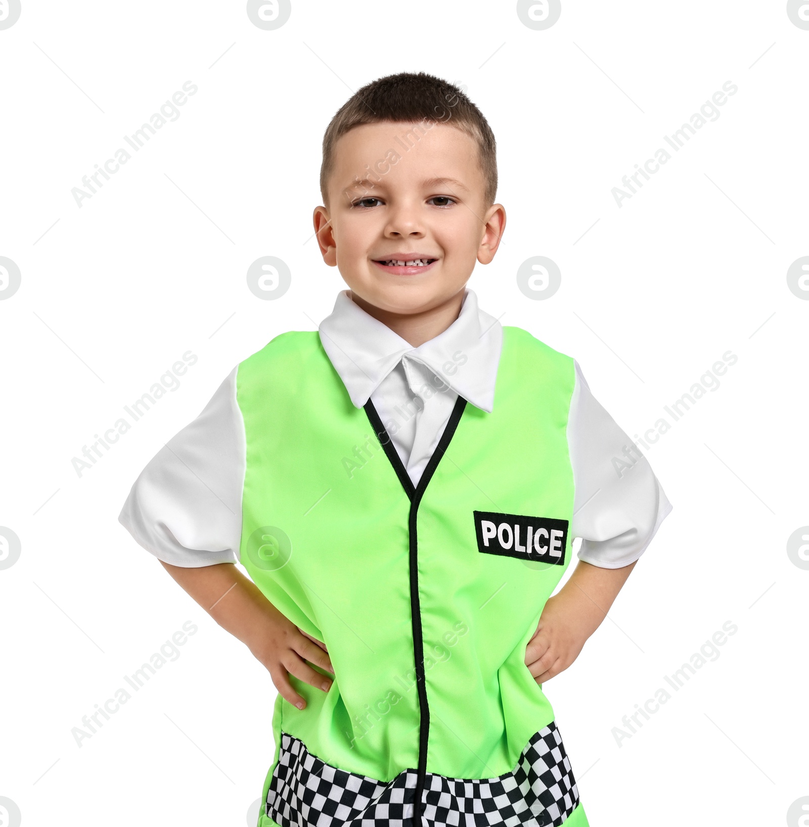 Photo of Little boy pretending to be policeman on white background. Dreaming of future profession