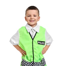 Photo of Little boy pretending to be policeman on white background. Dreaming of future profession