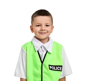 Photo of Little boy pretending to be policeman on white background. Dreaming of future profession