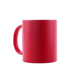 Photo of One blank red ceramic mug isolated on white. Mockup for design