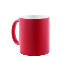 Photo of One blank red ceramic mug isolated on white. Mockup for design