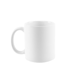 Photo of One blank ceramic mug isolated on white. Mockup for design