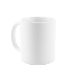 Photo of One blank ceramic mug isolated on white. Mockup for design