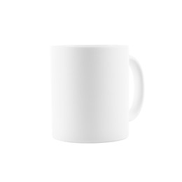 Photo of One blank ceramic mug isolated on white. Mockup for design