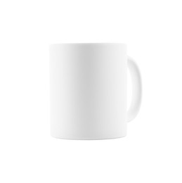 Photo of One blank ceramic mug isolated on white. Mockup for design