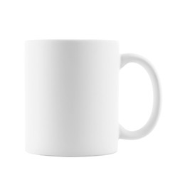 Photo of One blank ceramic mug isolated on white. Mockup for design