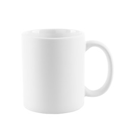 Photo of One blank ceramic mug isolated on white. Mockup for design