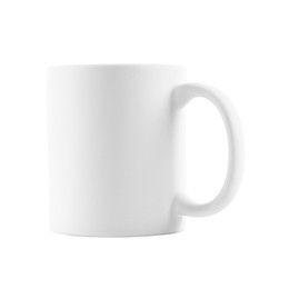 Photo of One blank ceramic mug isolated on white. Mockup for design