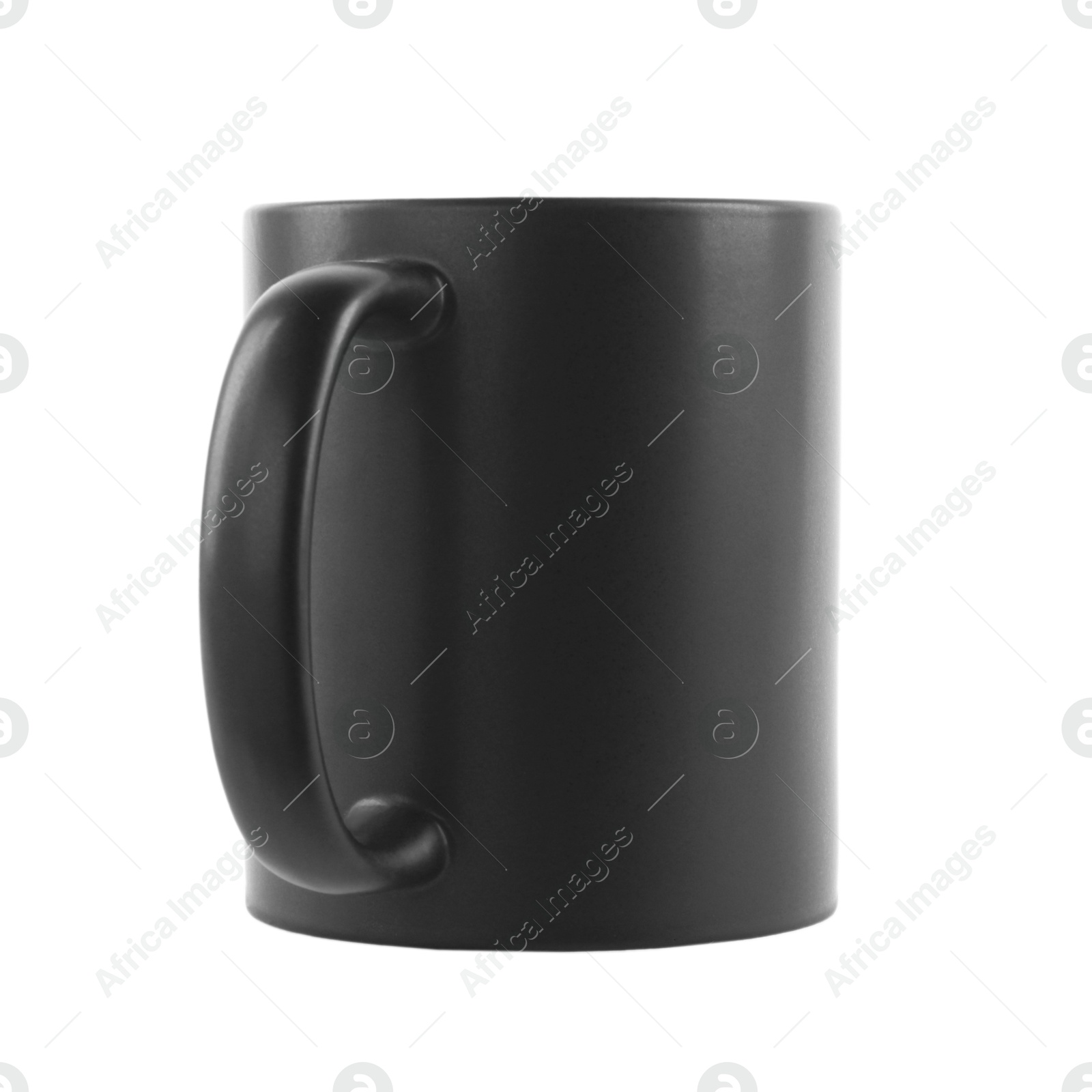 Photo of One blank black ceramic mug isolated on white. Mockup for design