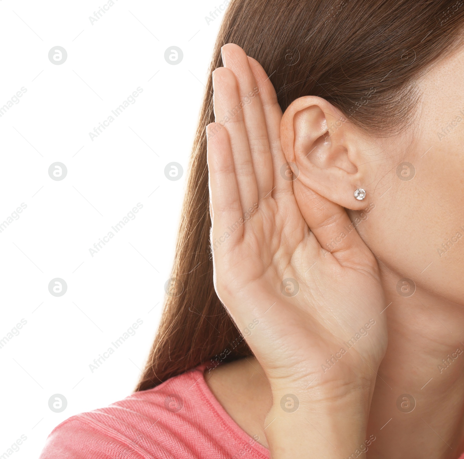 Photo of Woman showing hand to ear gesture on white background, closeup