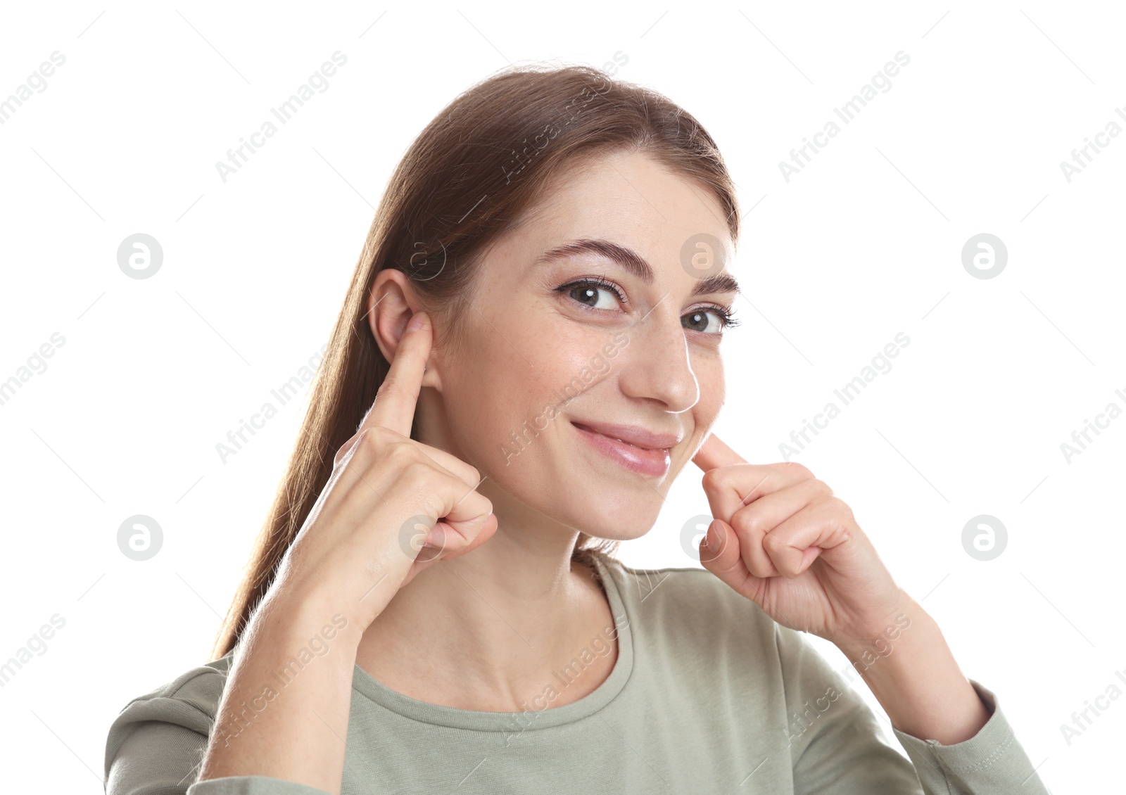 Photo of Woman covering her ears with fingers on white background