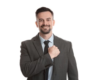 Photo of Man making promise on white background. Oath gesture