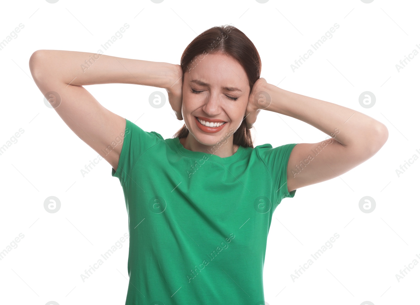 Photo of Woman covering her ears on white background