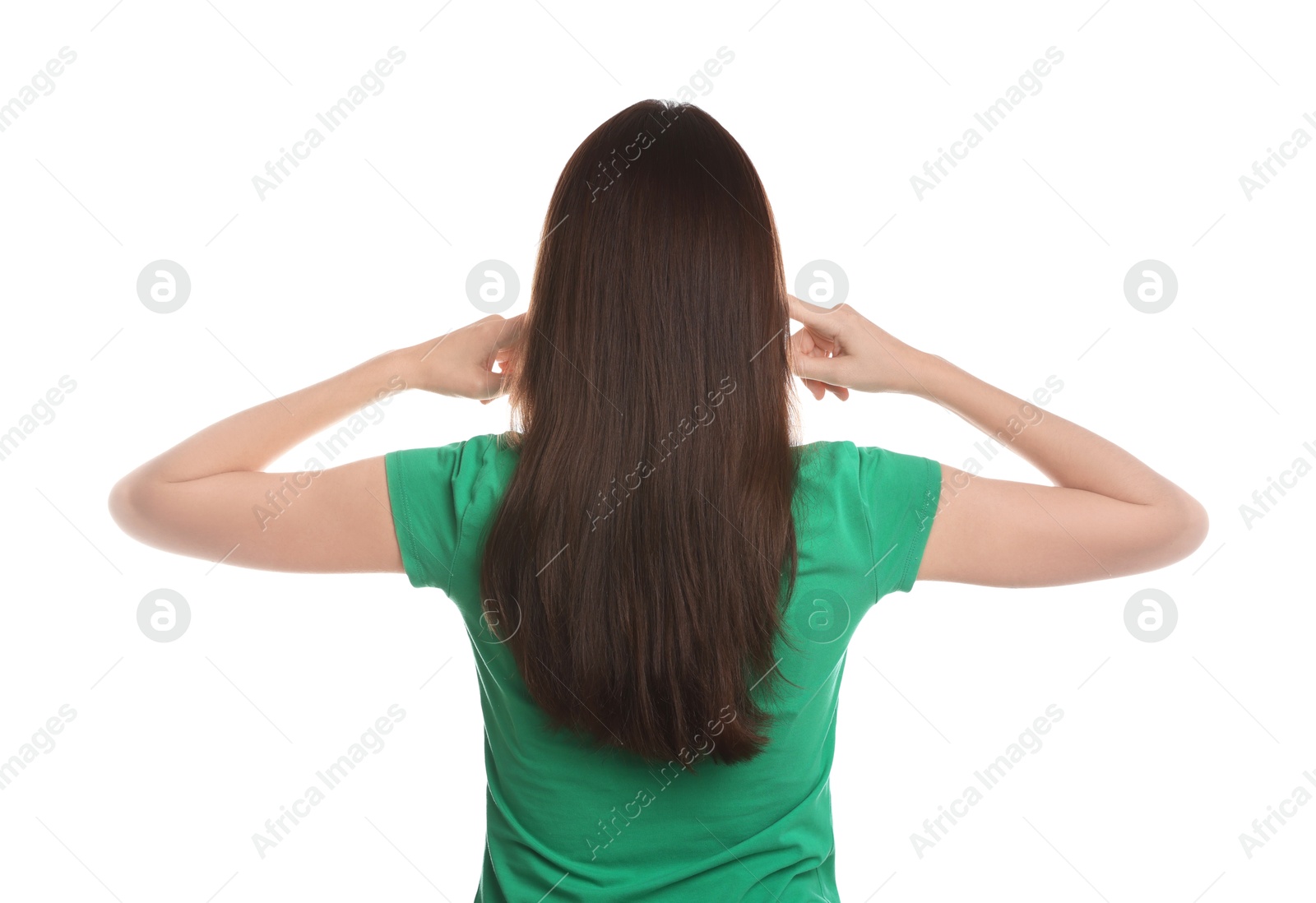 Photo of Woman covering her ears with fingers on white background, back view