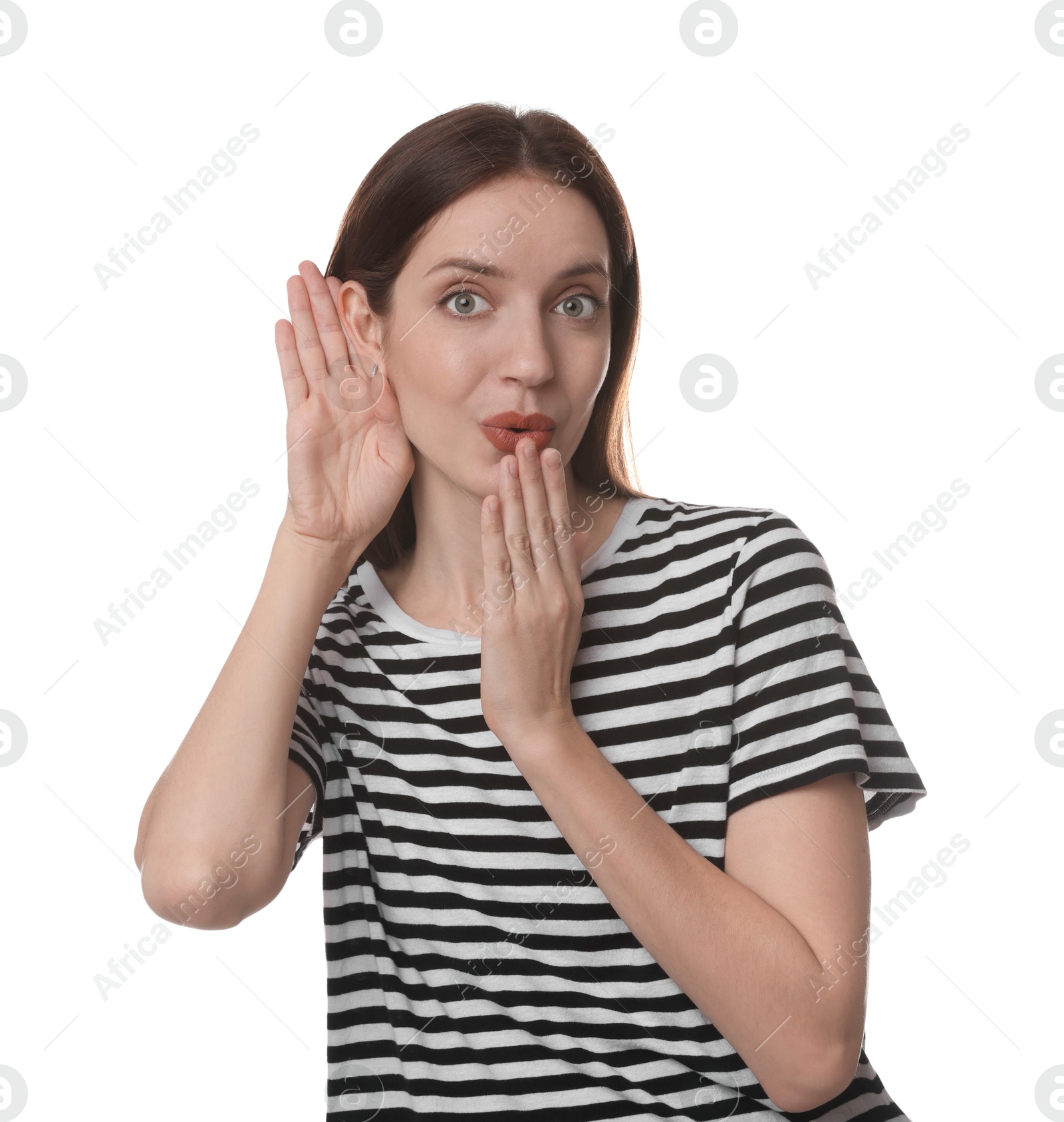 Photo of Woman showing hand to ear gesture on white background