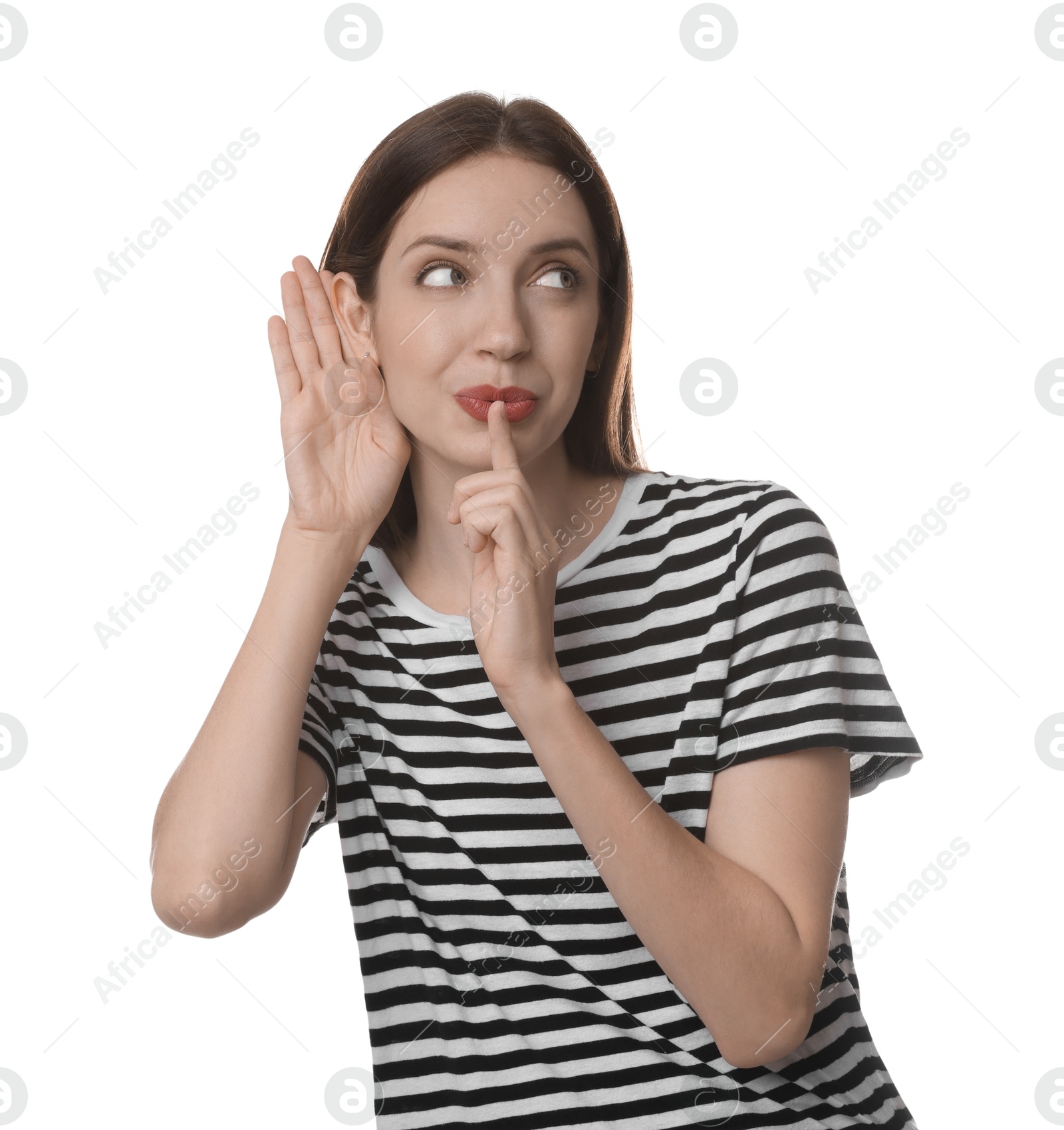 Photo of Woman showing hand to ear gesture on white background