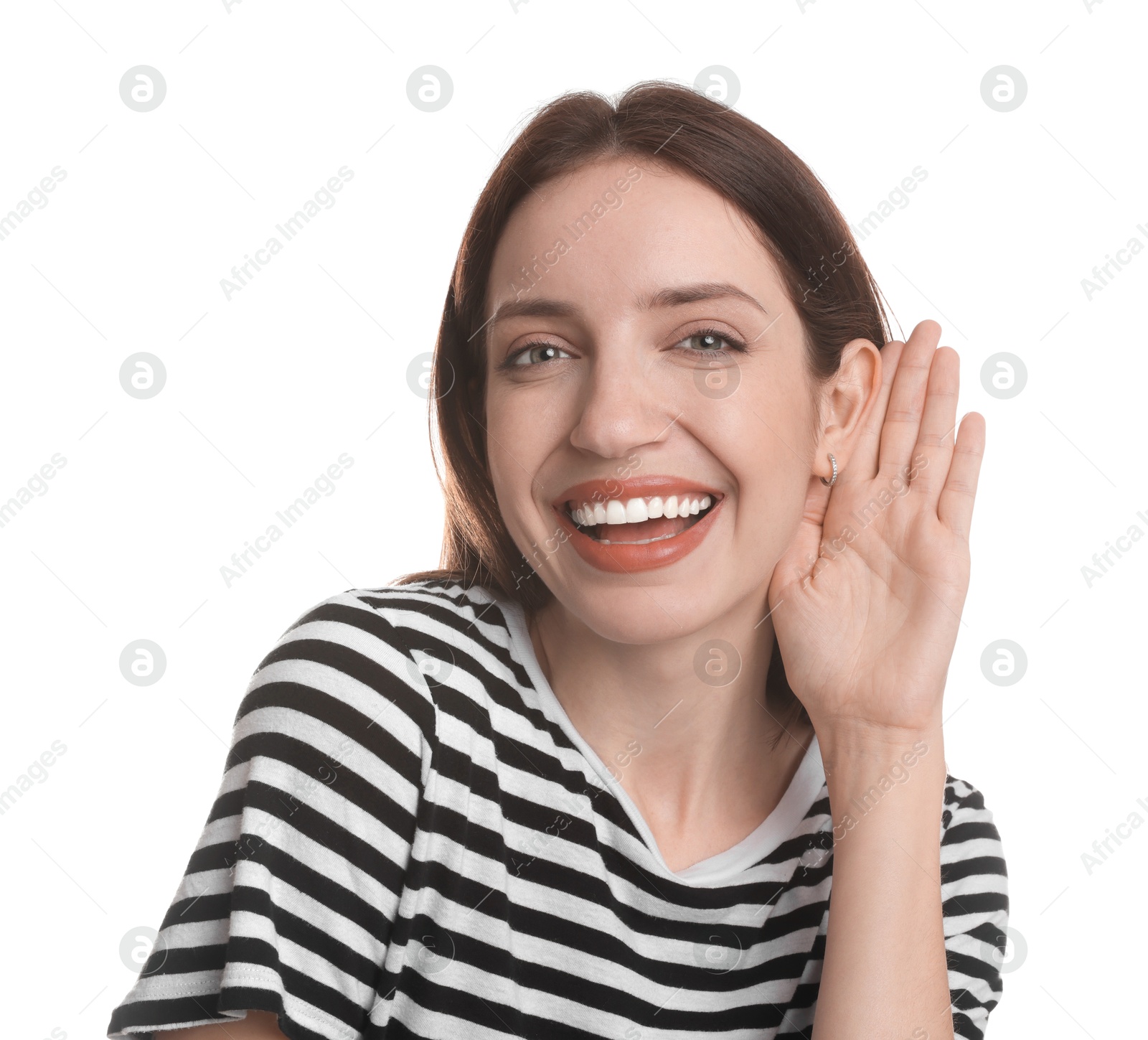 Photo of Woman showing hand to ear gesture on white background