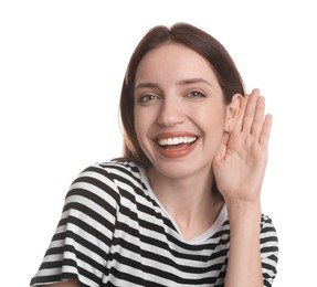 Photo of Woman showing hand to ear gesture on white background