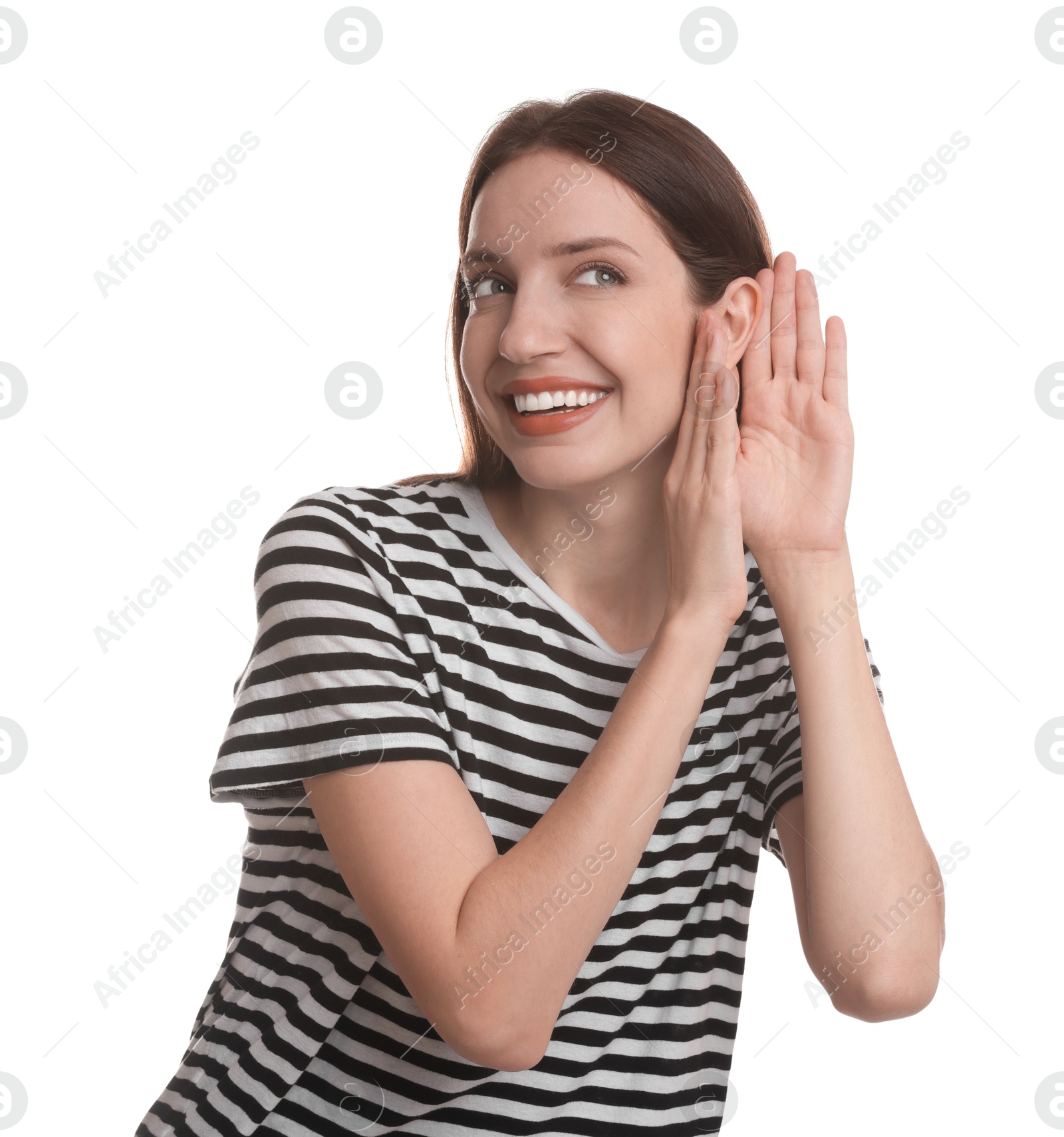 Photo of Woman showing hand to ear gesture on white background