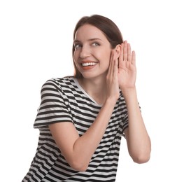 Woman showing hand to ear gesture on white background