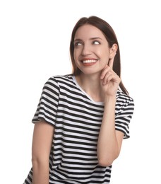 Photo of Woman showing hand to ear gesture on white background