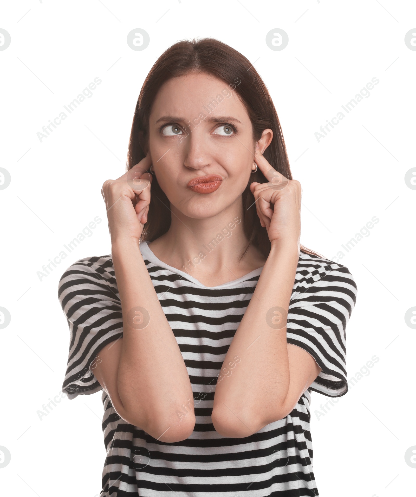 Photo of Woman covering her ears with fingers on white background