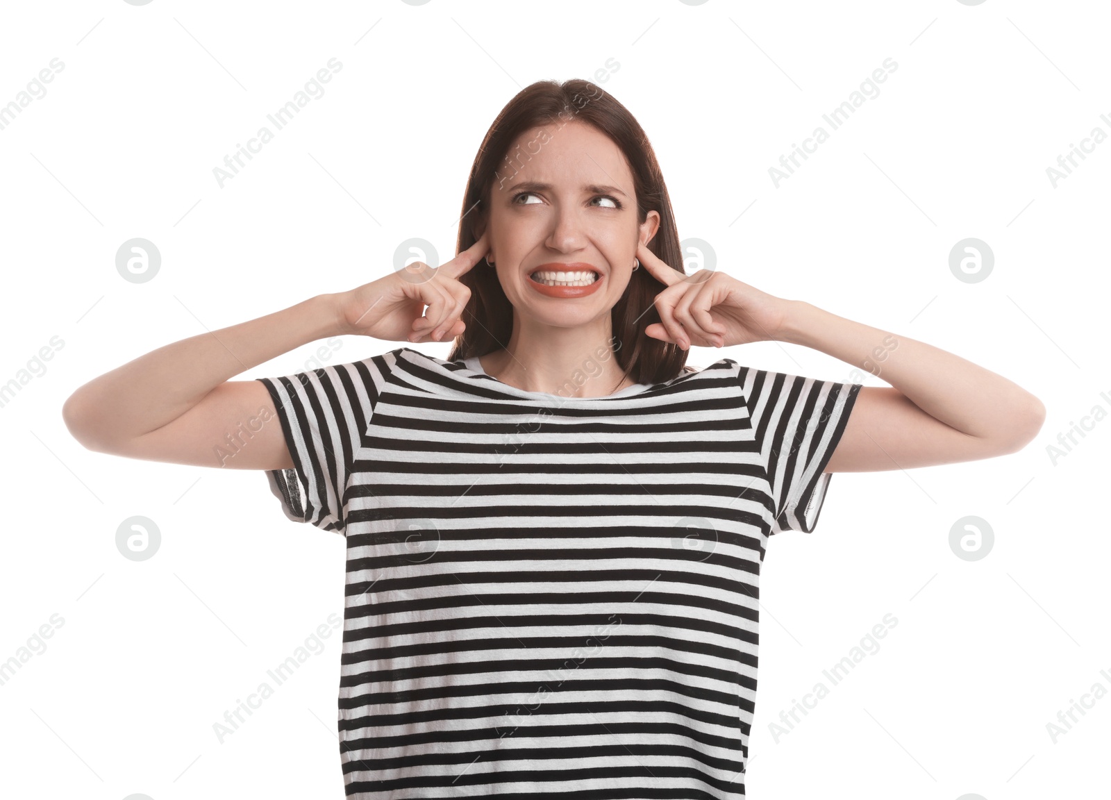 Photo of Woman covering her ears with fingers on white background