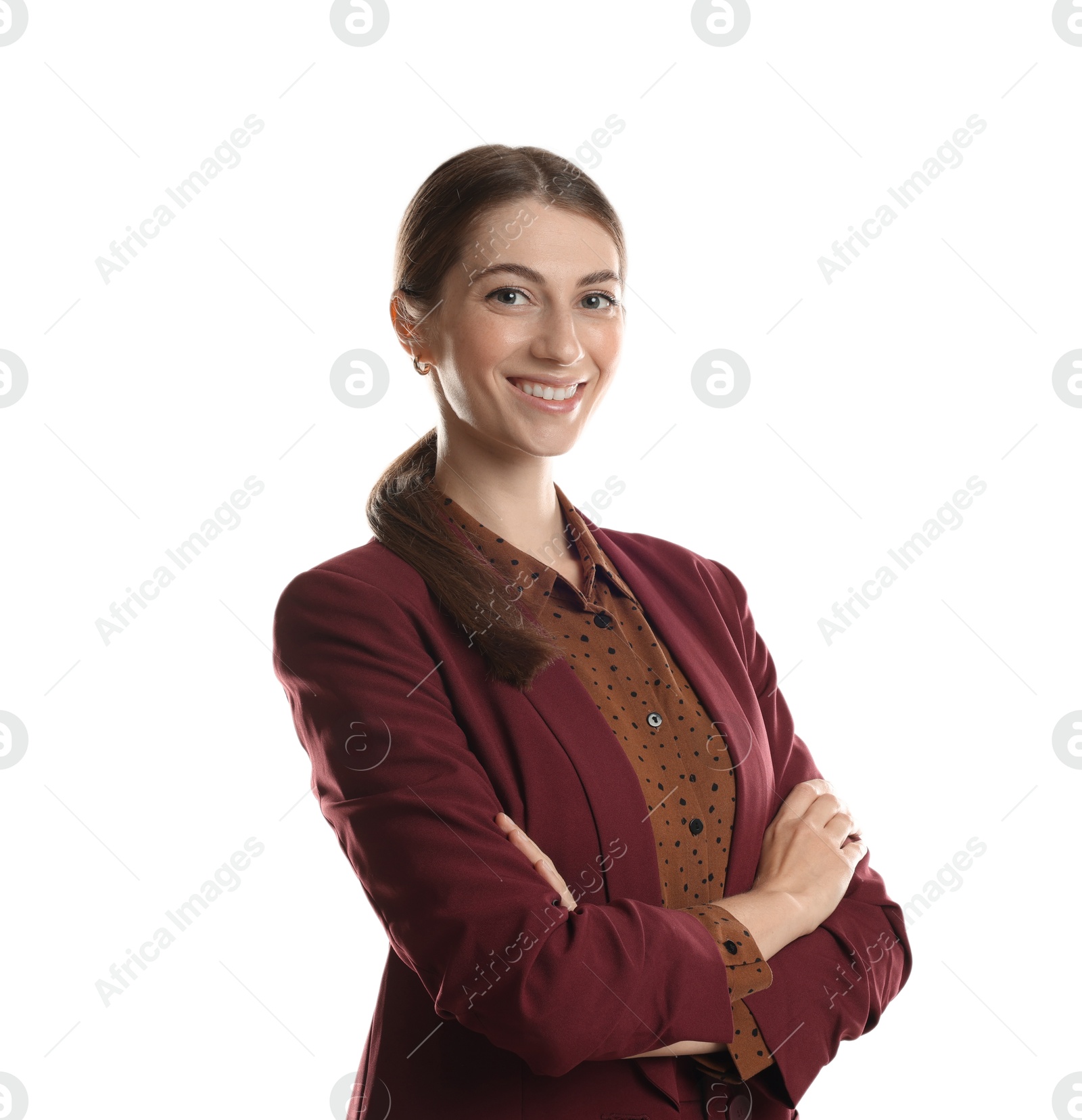 Photo of Portrait of banker with crossed arms on white background