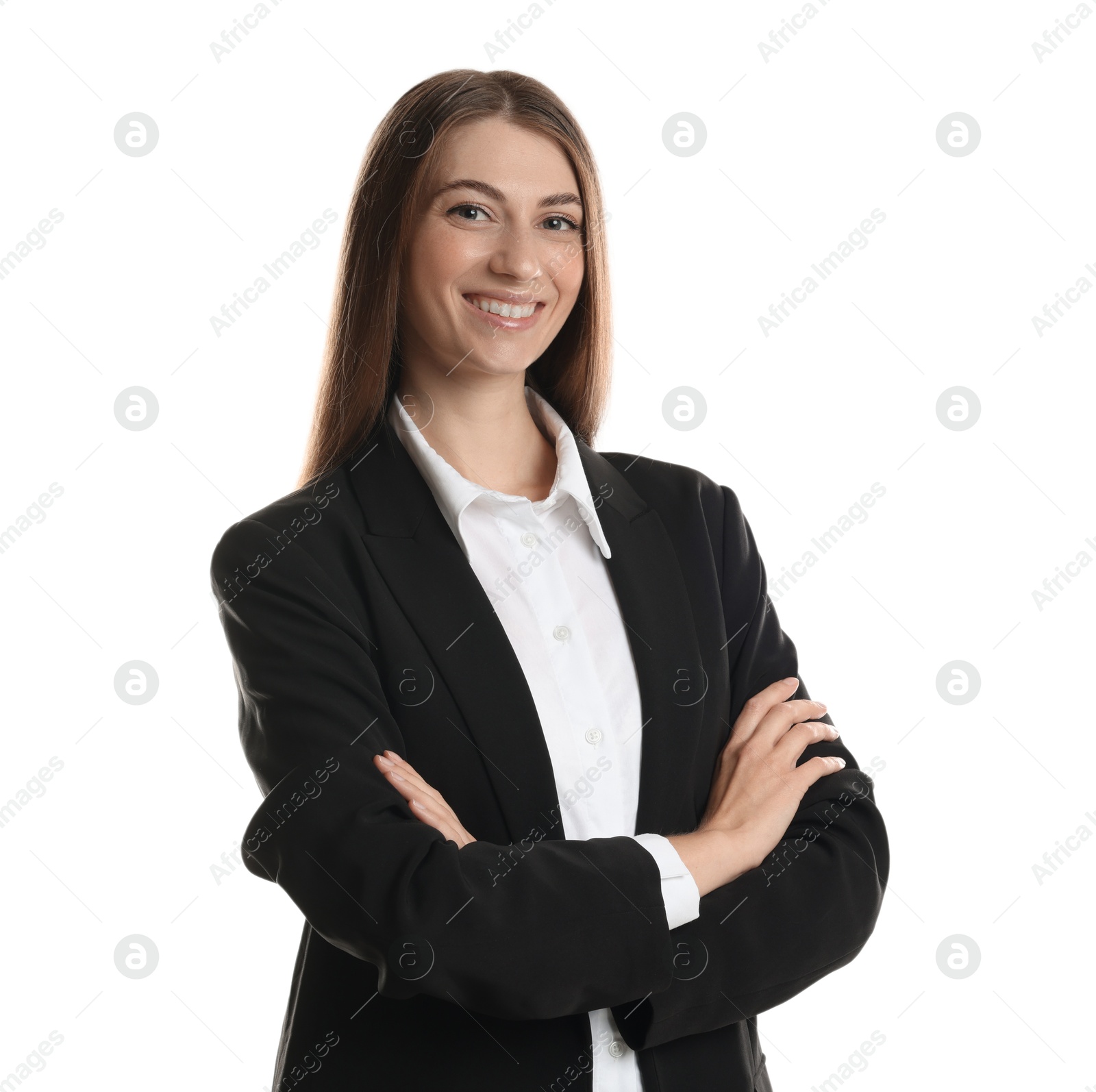 Photo of Portrait of banker with crossed arms on white background