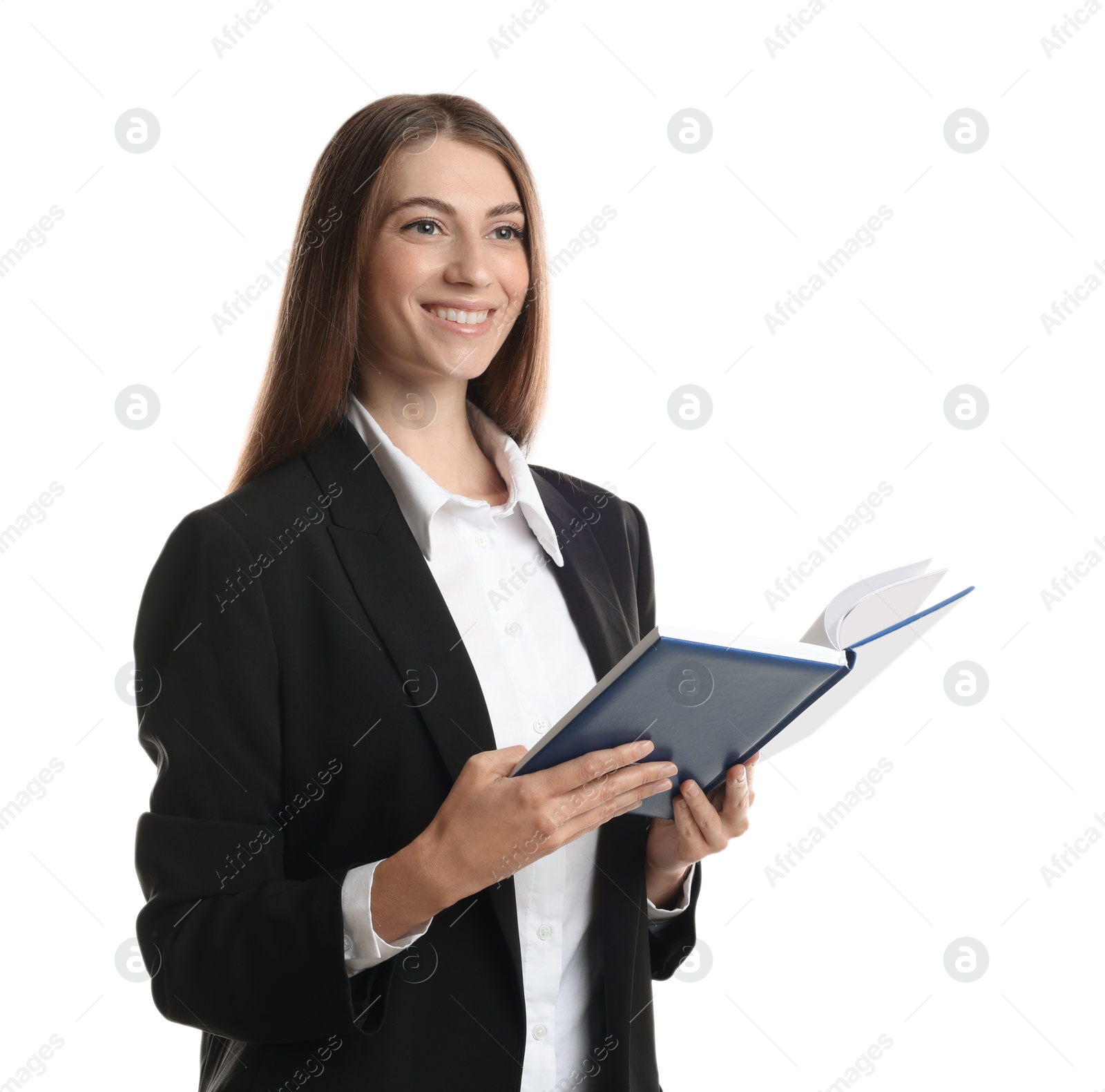 Photo of Portrait of banker with notebook on white background