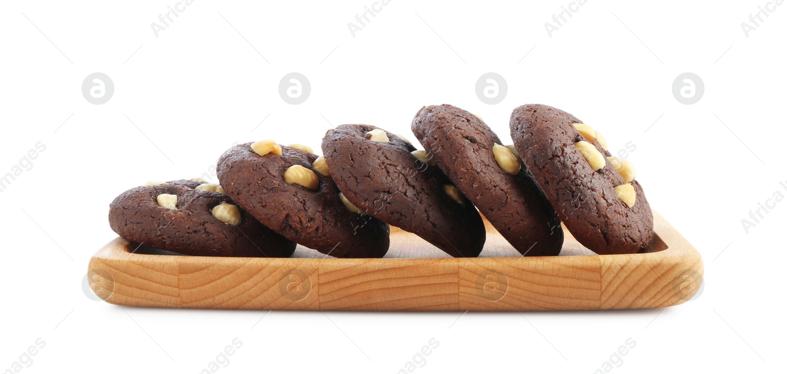 Photo of Tasty chocolate cookies with hazelnuts isolated on white