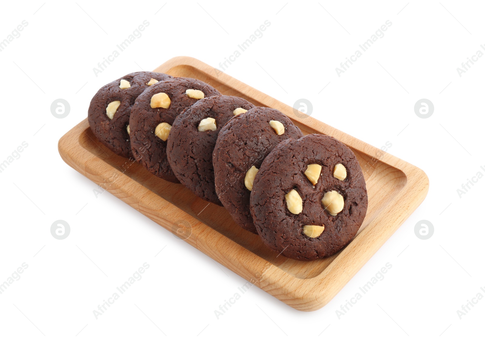 Photo of Tasty chocolate cookies with hazelnuts isolated on white