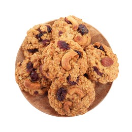 Photo of Delicious oatmeal cookies with dried cranberries and nuts isolated on white, top view