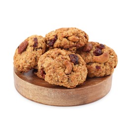 Photo of Delicious oatmeal cookies with dried cranberries and nuts isolated on white