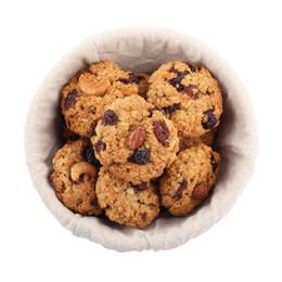 Photo of Delicious oatmeal cookies with dried cranberries and nuts in bowl isolated on white, top view