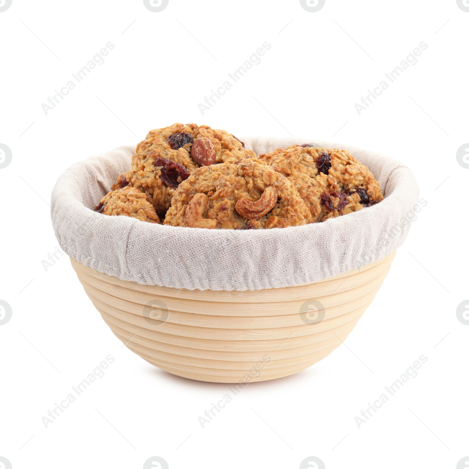 Photo of Delicious oatmeal cookies with dried cranberries and nuts in bowl isolated on white