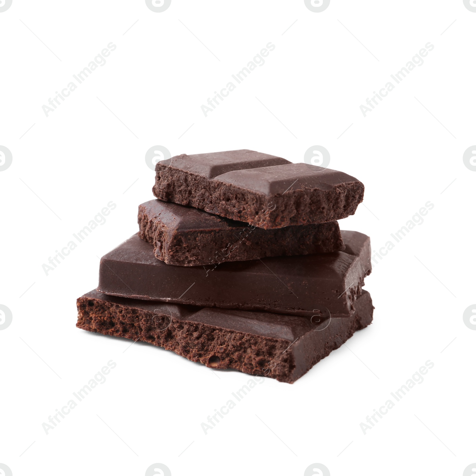 Photo of Pieces of delicious dark chocolate isolated on white