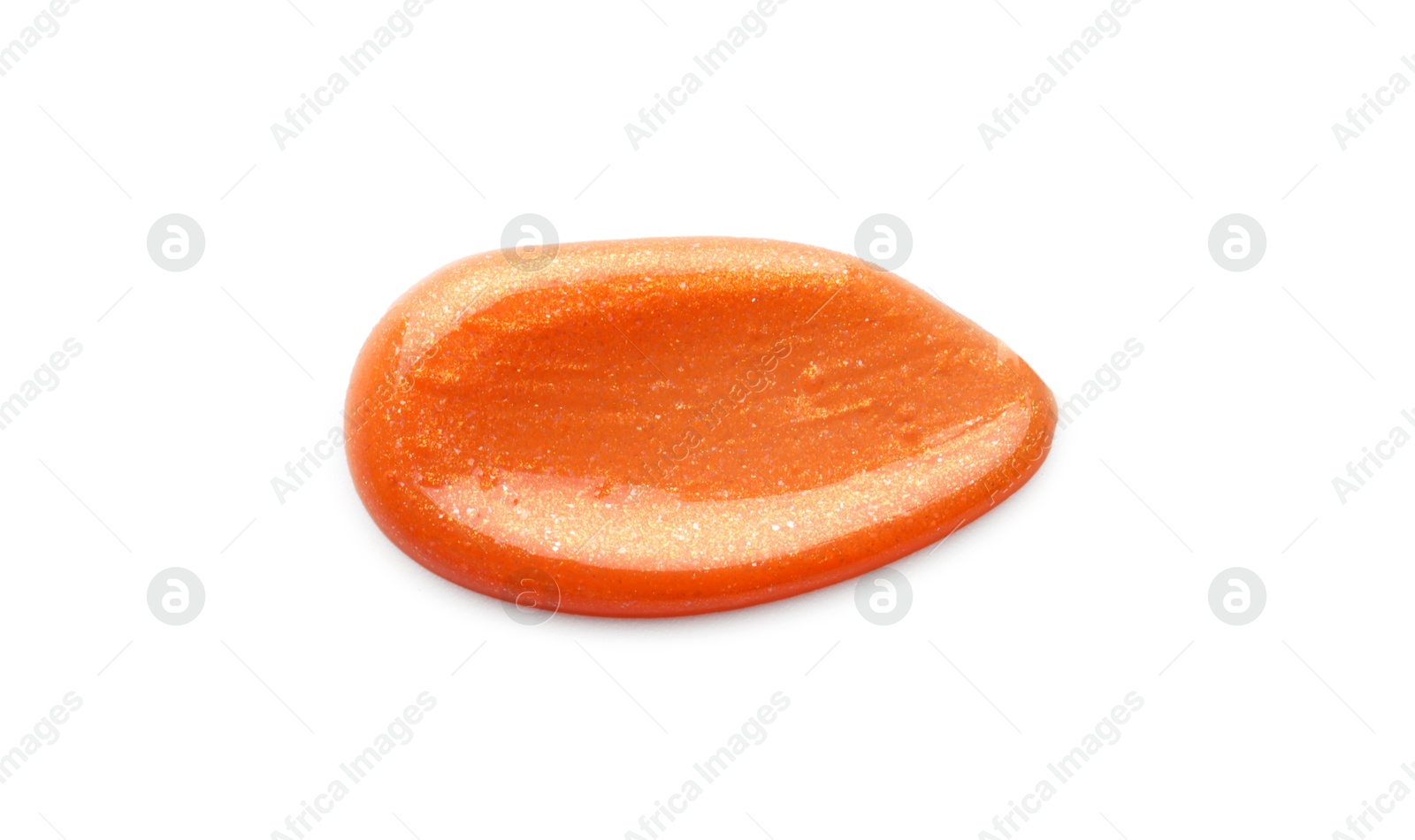 Photo of Orange lip gloss isolated on white, top view. Sample of cosmetic product