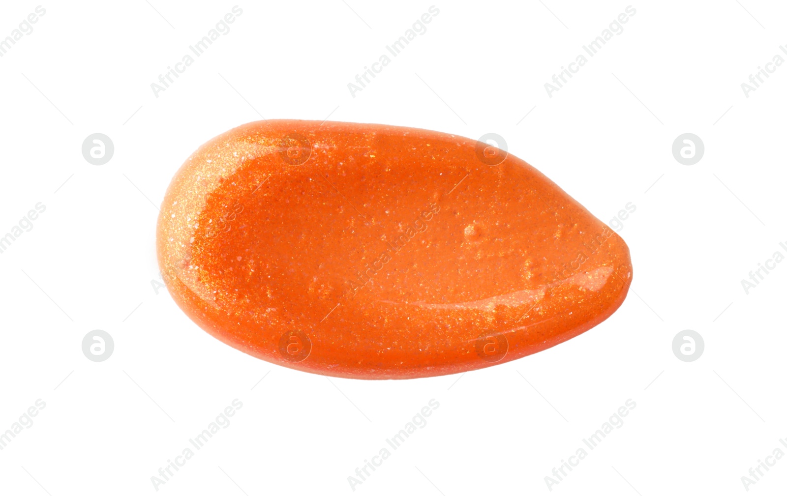 Photo of Orange lip gloss isolated on white, top view. Sample of cosmetic product