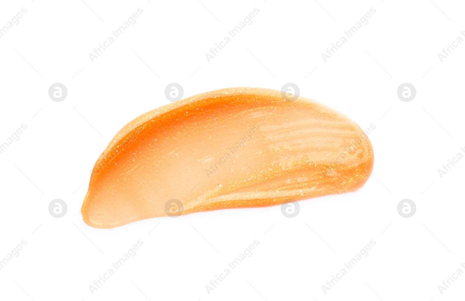 Photo of Orange lip gloss isolated on white, top view. Sample of cosmetic product